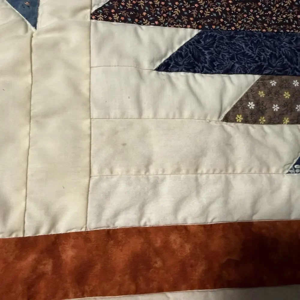 Handmade Quilt Throw Patchwork Star Pattern Cream Blue Rustic Cottage Bed Topper